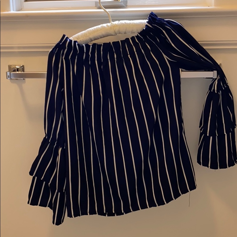 Off the shoulder navy and white striped shirt